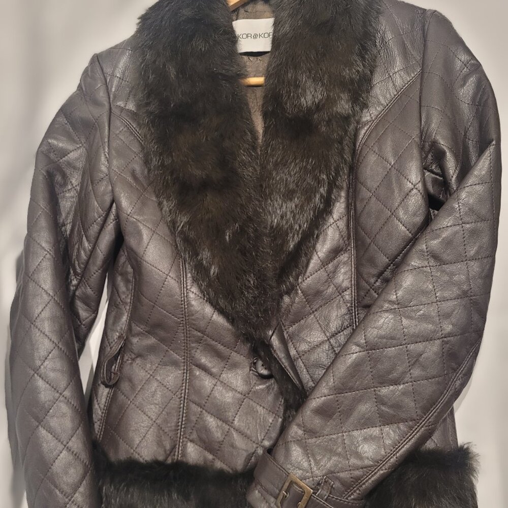 Michael Kors Genuine Leather Quilted Jacket Faux Fur Trim Brown